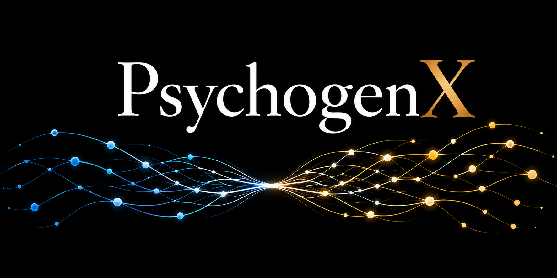 PsychogenX logo with blue and gold Thought Wave